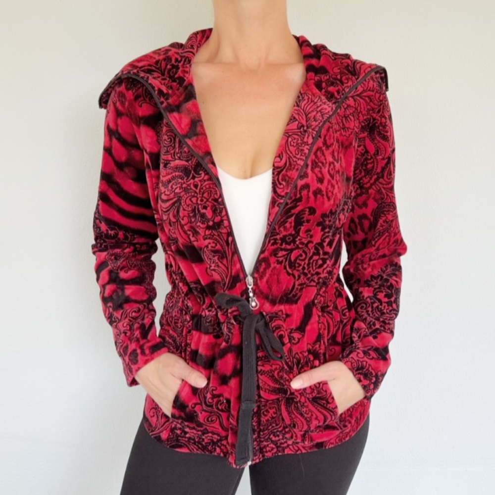 Vintage Y2K Onque Casuals red paisley leopard zip terrycloth sweatshirt medium
